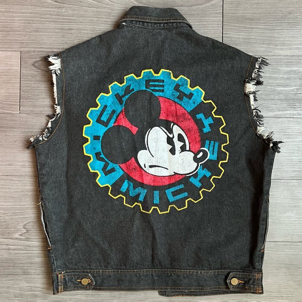 Vintage 90s Mickey & Co. Black Denim Vest Mickey Mouse Biker Rock Disney Size S